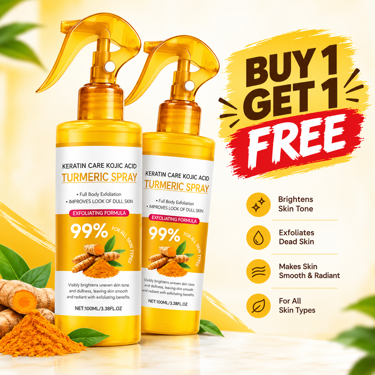 Grabello™ Kojic Acid & Turmeric De-Tan Body Glow Spray For Face, Neck, Hands, Legs, Back,Bumps and Inner Thighs | Buy 1 Get 1 Free