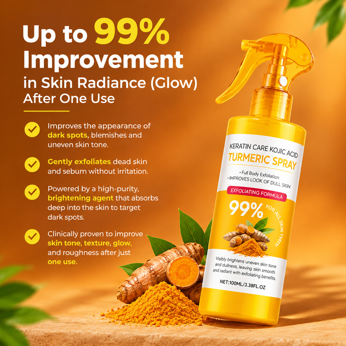 Grabello™ Kojic Acid & Turmeric De-Tan Body Glow Spray For Face, Neck, Hands, Legs, Back,Bumps and Inner Thighs | Buy 1 Get 1 Free